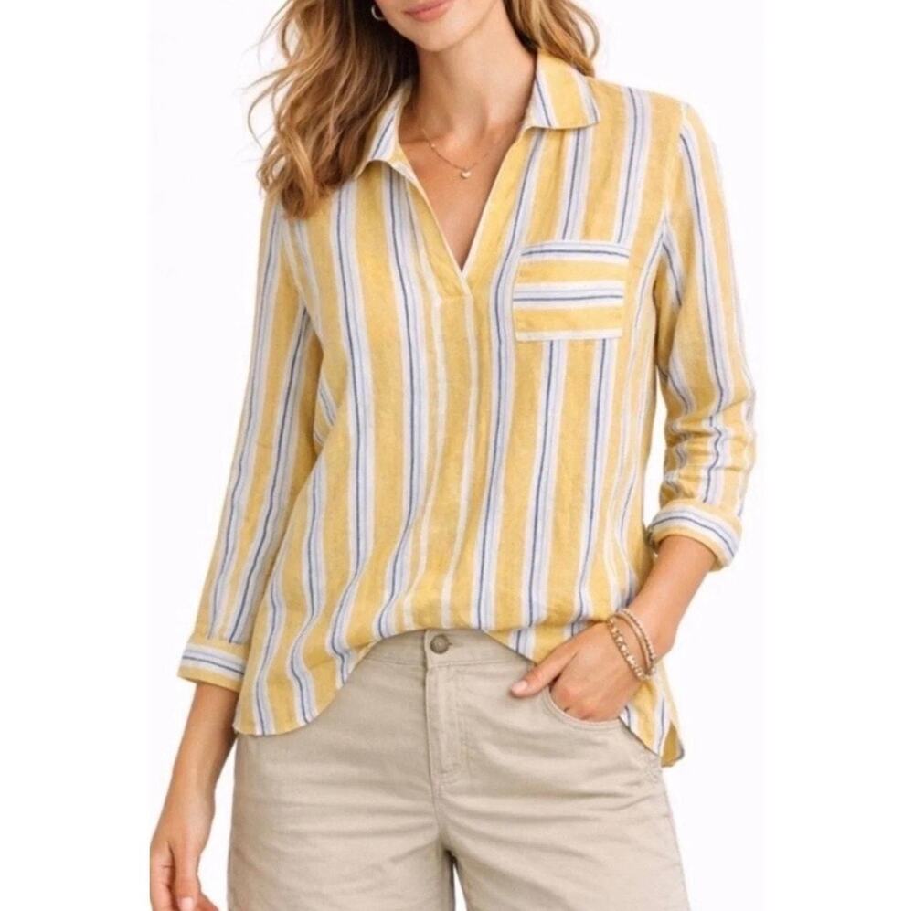 J. Jill Love Linen Daisy Multi Pull Over Collared Shirt Blouse